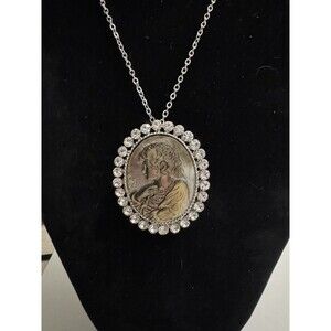 Vintage Abalone Cameo Pendant Brooch w Rhinestones on 24 Inch Silver Tone Chain